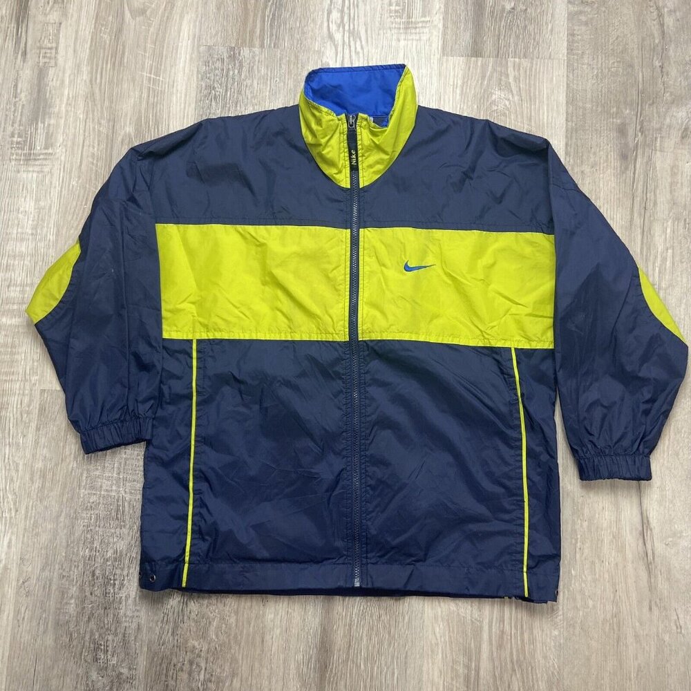 VINTAGE Nike Windbreaker Jacket Youth L 14-16 Blue Green Full Zip Red Swoosh